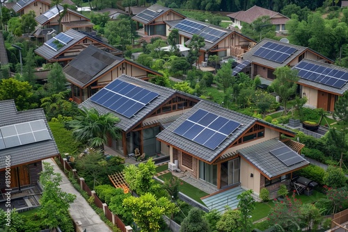 Bird seye view of a residential area where each house has solar panels installed, lush greenery surrounding the ecoconscious community photo