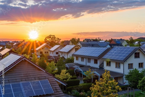 Wideangle shot of a suburban neighborhood  all houses with solar panels  golden hour lighting highlighting the ecofriendly shift