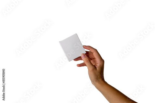 The girl is holding a package of condoms. PNG. Cut out background