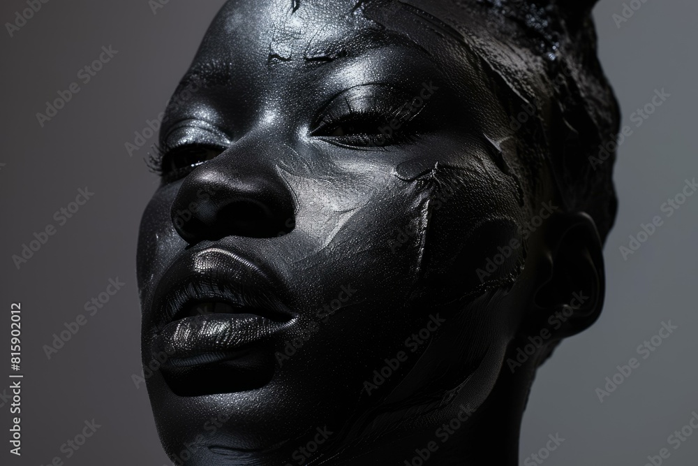 Close-up of a woman with creative glossy black body paint on her face