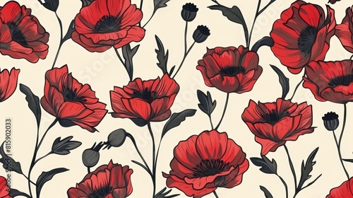 A pattern of poppies flowers with a vintage design element.
