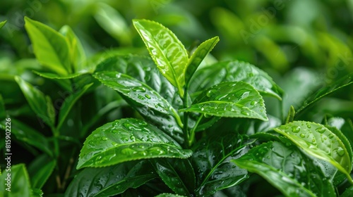 Close up of green tea leaves with a botanical background