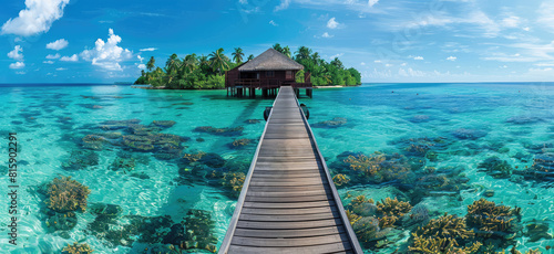 A wooden pier extends into the crystal clear turquoise waters of the Maldives  with palm trees and thatched roof cabanas in the background