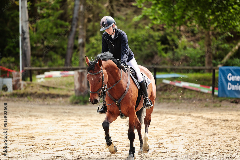 Jumping horse, horse, with rider in the jumping course at a tournament. Jumping horse, horse, with rider in the jumping course at a tournament.
