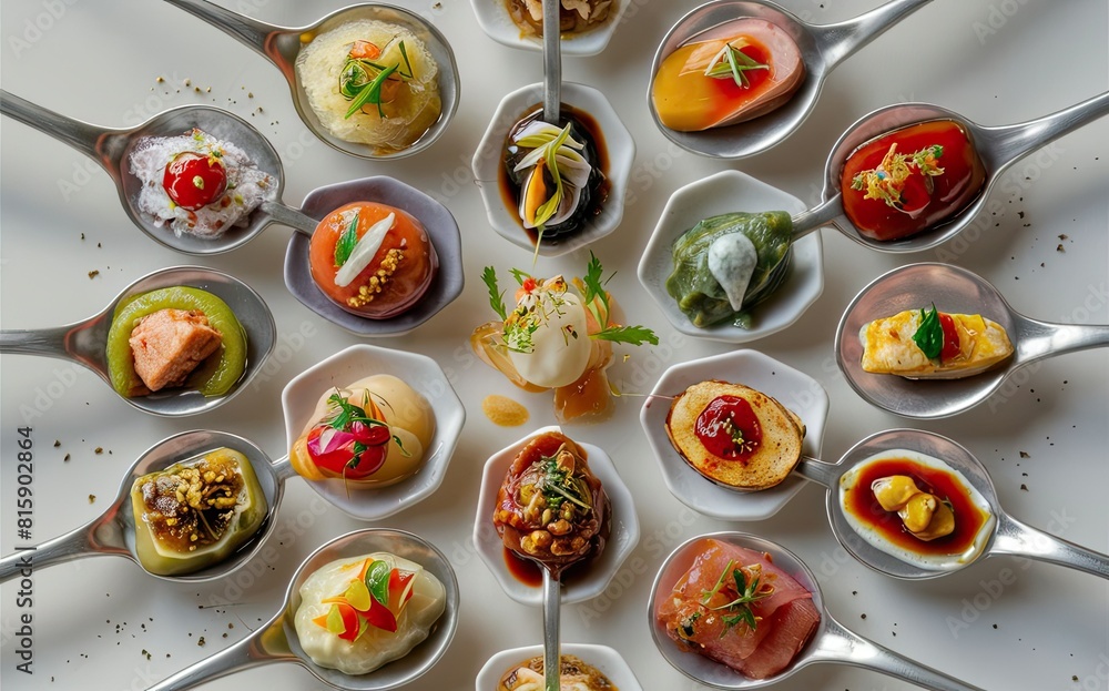 Various spoons on a table filled with different types of food, showcasing a range of flavors and textures. Generative AI Various spoons on a table filled with different types of food, showcasing a range of flavors and textures. Generative AI