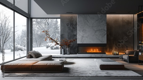 winter home decor, stylish living room with fireplace sleek, minimalist design ideal for winter evenings