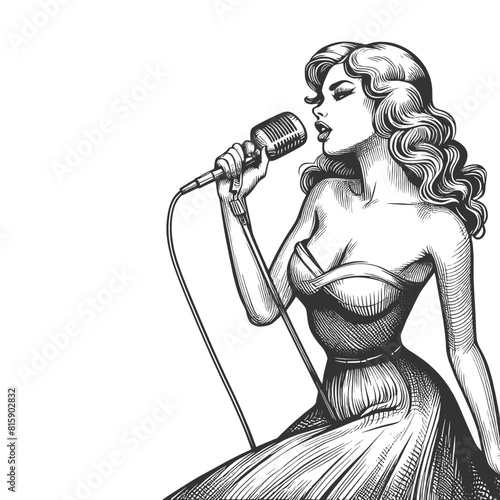 female singer holding a microphone the classic style of a bygone musical era sketch engraving generative ai fictional character vector illustration. Scratch board imitation. Black and white image.