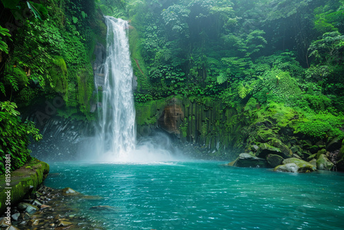 A spectacular waterfall plunging into an emerald pool below, surrounded by verdant foliage, moss-covered rocks, and misty spray, creating a mesmerizing tableau of natural beauty and aquatic splendor. 