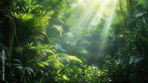 Lush green rainforest with sunbeams piercing through