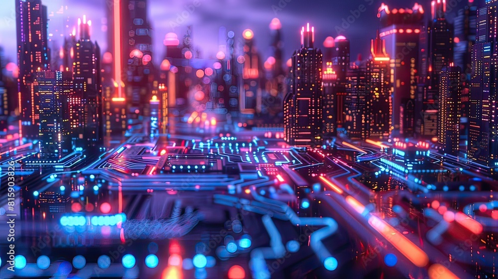 Fototapeta premium Intricate digital artwork of a futuristic circuit board with blue and pink neon lights. Combines the beauty of high-tech cyberpunk. future technology concept