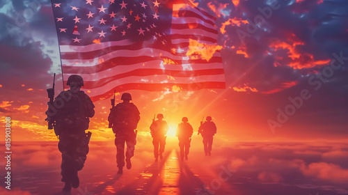 Silhouettes of soldiers with USA flag against the sunset. Greeting card for Veterans Day, Memorial Day, Independence Day,generative Ai