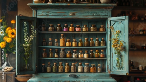 ayurvedic medicine cabinet stocked with herbs and oils for holistic healing, with space for text, showcasing traditional practices