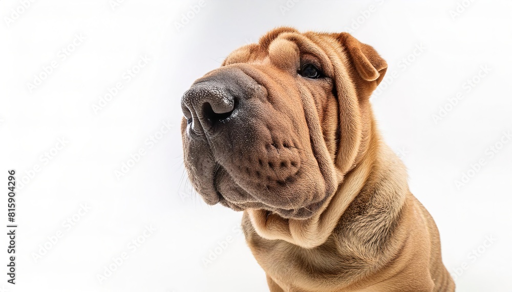Chinese shar pei - Canis lupus familiaris - with abundant folds of loose skin about the head, neck, and shoulders.  close up face and head view looking at camera isolated on white background