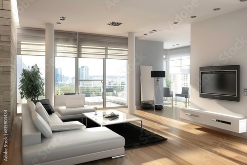 Modern apartment interiors with minimalistic furniture