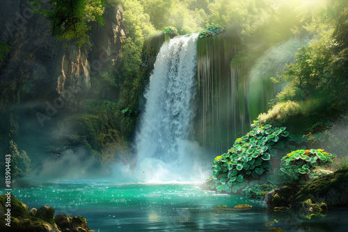 A spectacular waterfall plunging into an emerald pool below  surrounded by verdant foliage  moss-covered rocks  and misty spray  creating a mesmerizing tableau of natural beauty and aquatic splendor. 