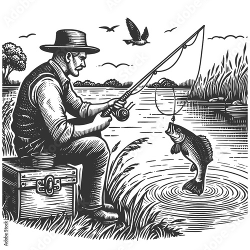 fisherman seated by a tranquil lake, skillfully catching a fish, lush landscape sketch engraving generative ai fictional character vector illustration. Scratch board imitation. Black and white image.