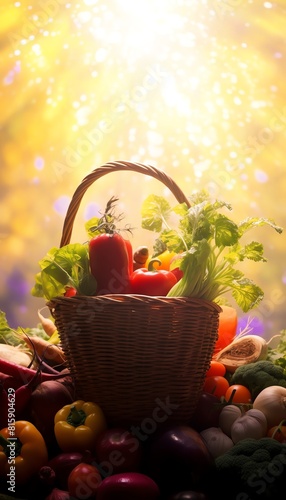 Fresh organic vegetable basket close up  focus on  copy space Colorful and vibrant scene Double exposure silhouette with garden tools.