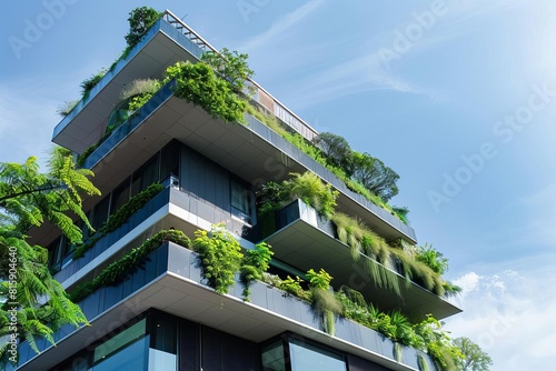 Modern, ecofriendly architecture with lush green plants on the building facade