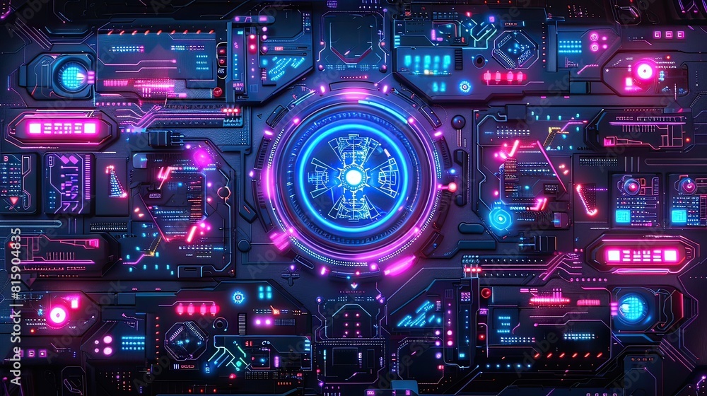 Intricate digital artwork of a futuristic circuit board with blue and pink neon lights. Combines the beauty of high-tech cyberpunk. future technology concept Intricate digital artwork of a futuristic circuit board with blue and pink neon lights. Combines the beauty of high-tech cyberpunk. future technology concept