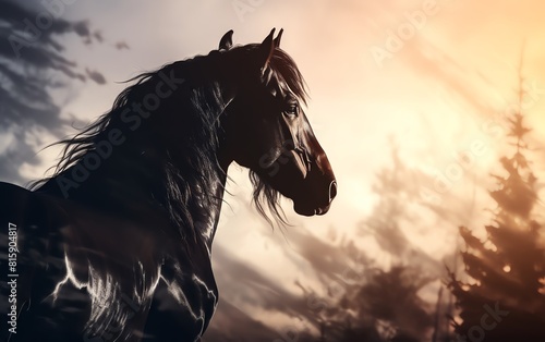 Horse, close up, focus on, copy space, graceful and strong, Double exposure silhouette with open field. © Montree