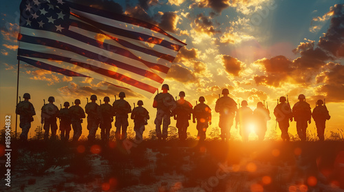 Silhouettes of soldiers on background of sunset or sunrise and USA flag. Greeting card for Veterans Day  Memorial Day  Independence Day. America generative Ai