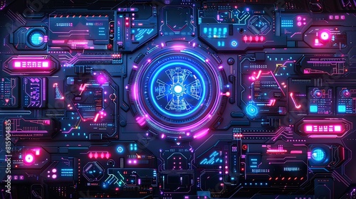 Intricate digital artwork of a futuristic circuit board with blue and pink neon lights. Combines the beauty of high-tech cyberpunk. future technology concept