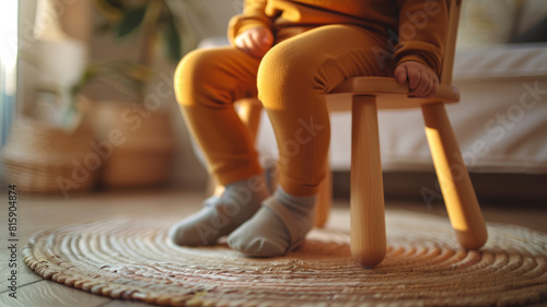 A toddler sitting on a wooden chair wearing yellow pants and socks.