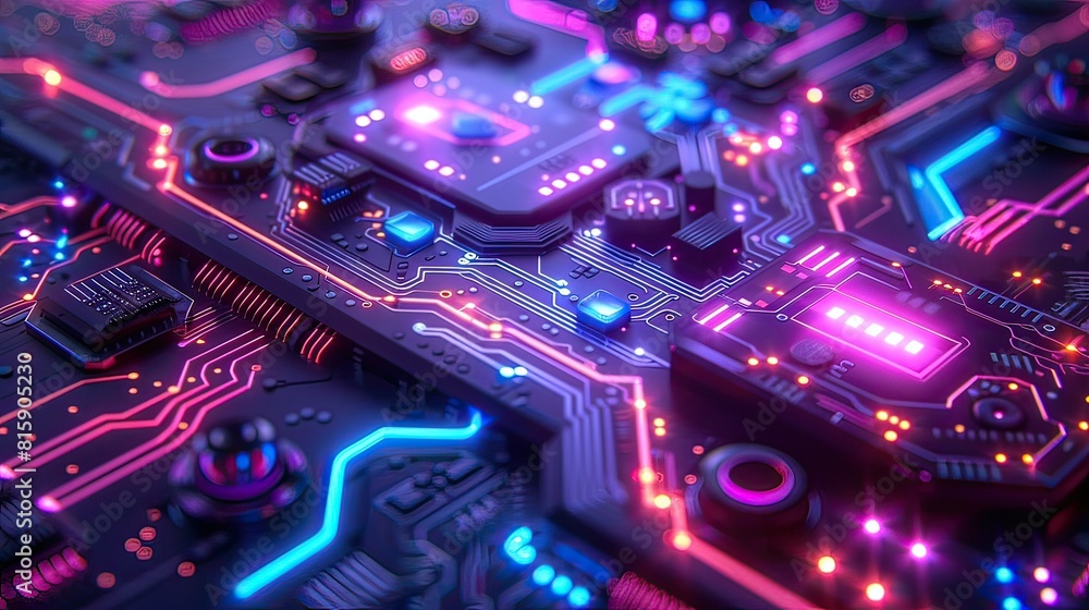 Obraz premium Intricate digital artwork of a futuristic circuit board with blue and pink neon lights. Combines the beauty of high-tech cyberpunk. future technology concept
