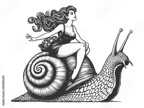 woman gracefully riding atop a giant snail, elements of fantasy and whimsy sketch engraving generative ai fictional character vector illustration. Scratch board imitation. Black and white image