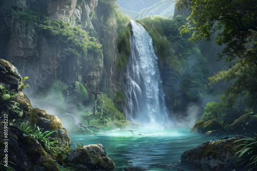 A spectacular waterfall plunging into an emerald pool below  surrounded by verdant foliage  moss-covered rocks  and misty spray  creating a mesmerizing tableau of natural beauty and aquatic splendor. 