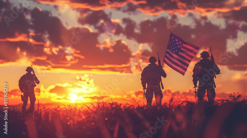 USA army soldiers on a background of sunset or sunrise and USA flag. Greeting card for Veterans Day  Memorial Day  Independence Day. America generative Ai