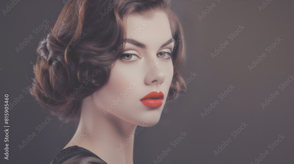 Fototapeta premium Portrait of a girl with short wavy hair and red lipstick 