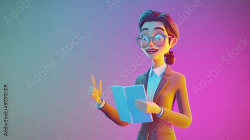 With index finger, woman points at something in book, office worker with book in hand, character in meeting, voiceless speaker at half-turn. photo