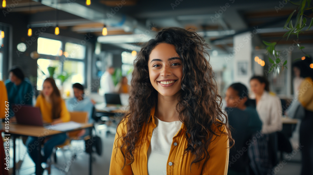 In an office setting, a pretty, smiling girl stands facing the camera while a multi-ethnic team works in the background, reflecting a blend of youthfulness and professionalism in business. In an office setting, a pretty, smiling girl stands facing the camera while a multi-ethnic team works in the background, reflecting a blend of youthfulness and professionalism in business.