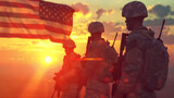 USA army soldiers on a background of sunset or sunrise and USA flag. Greeting card for Veterans Day, Memorial Day, Independence Day. America,generative Ai