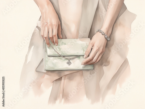 Female hand holding a bag, fashion sketch illustration style	