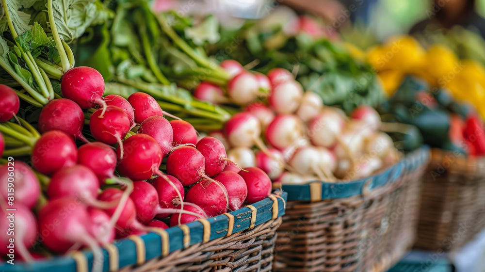 Baskets of fresh radishes and vegetables at a market. Baskets of fresh radishes and vegetables at a market.