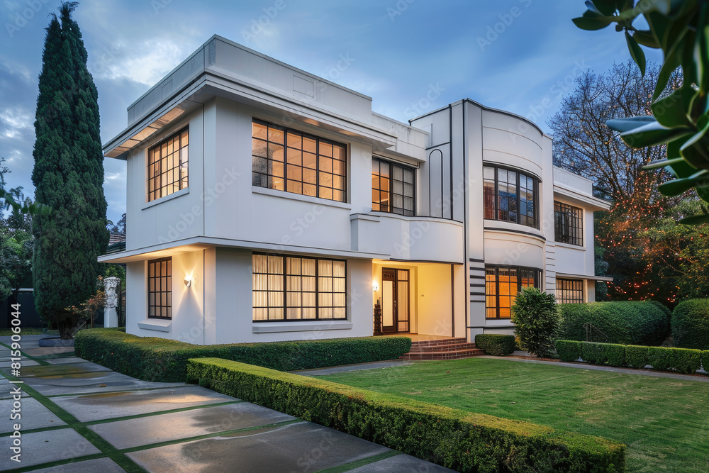 Art Deco style home in Melbourne, white exterior with black accents and large windows, front view, green landscaping