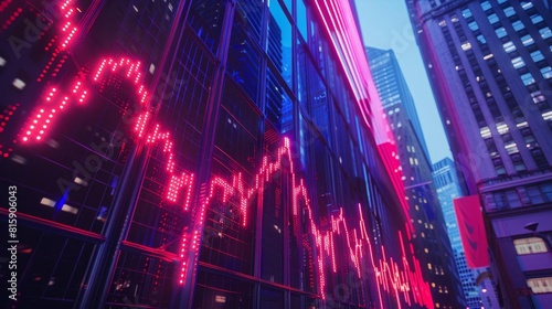 Neon stock market chart on building facade