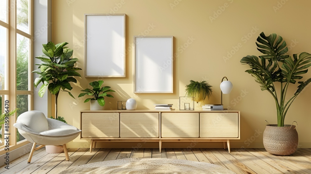 Fototapeta premium 3D render modern yellow wall living room with furniture, and two blank mockup frame