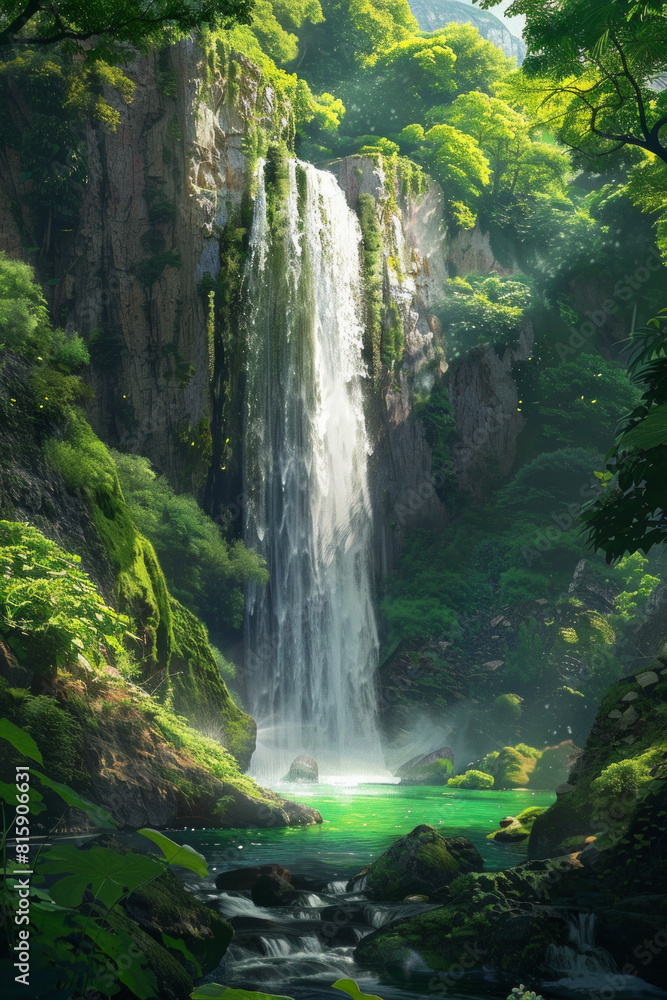A spectacular waterfall plunging into an emerald pool below, surrounded by verdant foliage, moss-covered rocks, and misty spray, creating a mesmerizing tableau of natural beauty and aquatic splendor. 