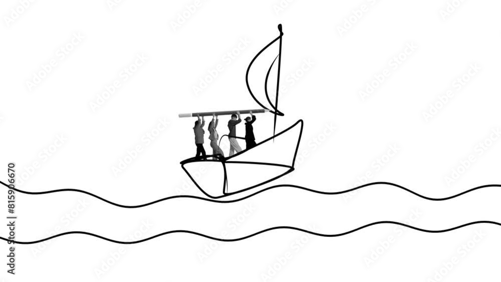 Employees standing on boat together and drawing sail symbolizing collaborative effort, teamwork, navigation to goals and achievement. Stop motion, animation. Single line drawing. Concept of business Employees standing on boat together and drawing sail symbolizing collaborative effort, teamwork, navigation to goals and achievement. Stop motion, animation. Single line drawing. Concept of business