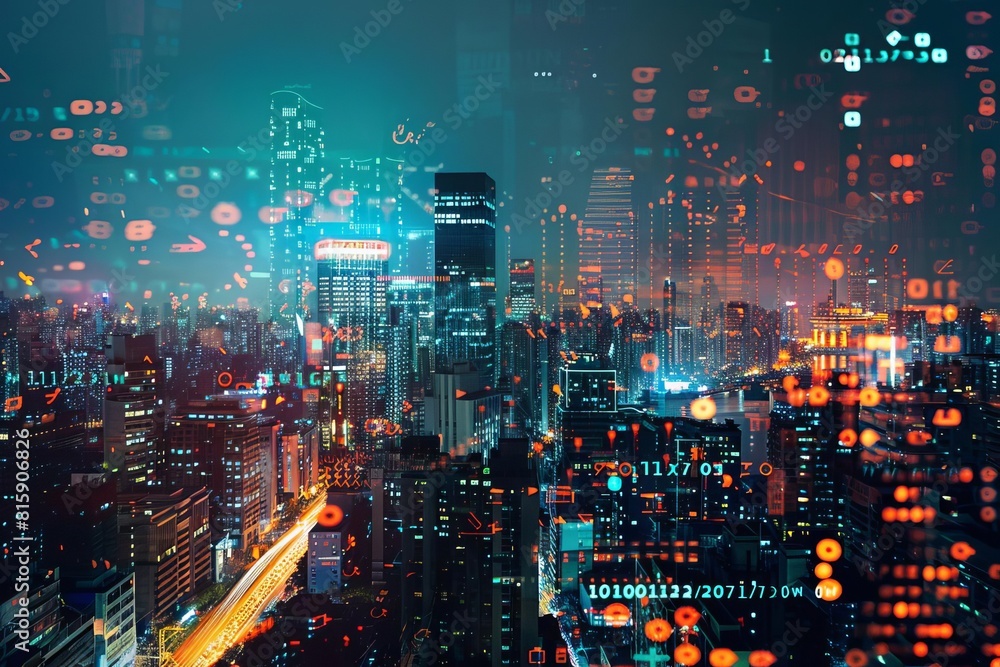 Night cityscape with digital data overlay Night cityscape with digital data overlay