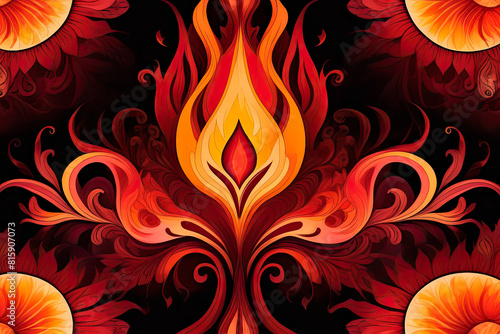 Abstract symmetrical background with fire pattern. An intricate kaleidoscope-like design with symmetrical elements and rich palette of flame colors