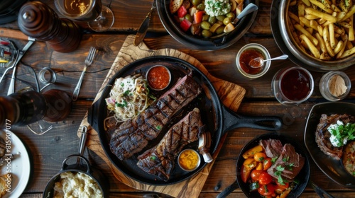 A rustic wooden table set with a mouthwatering steak dinner, complete with sides and sauces for a hearty meal.