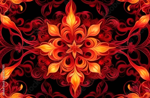 Abstract symmetrical background with fire pattern. An intricate kaleidoscope-like design with symmetrical elements and rich palette of flame colors