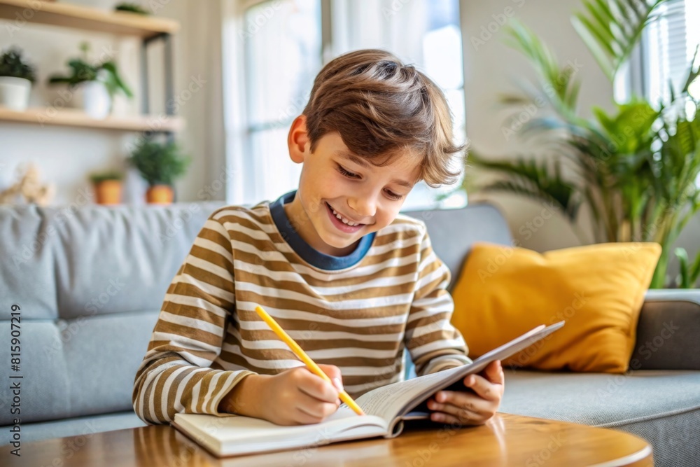 smiling student boy with book writing to notebook at home smiling student boy with book writing to notebook at home