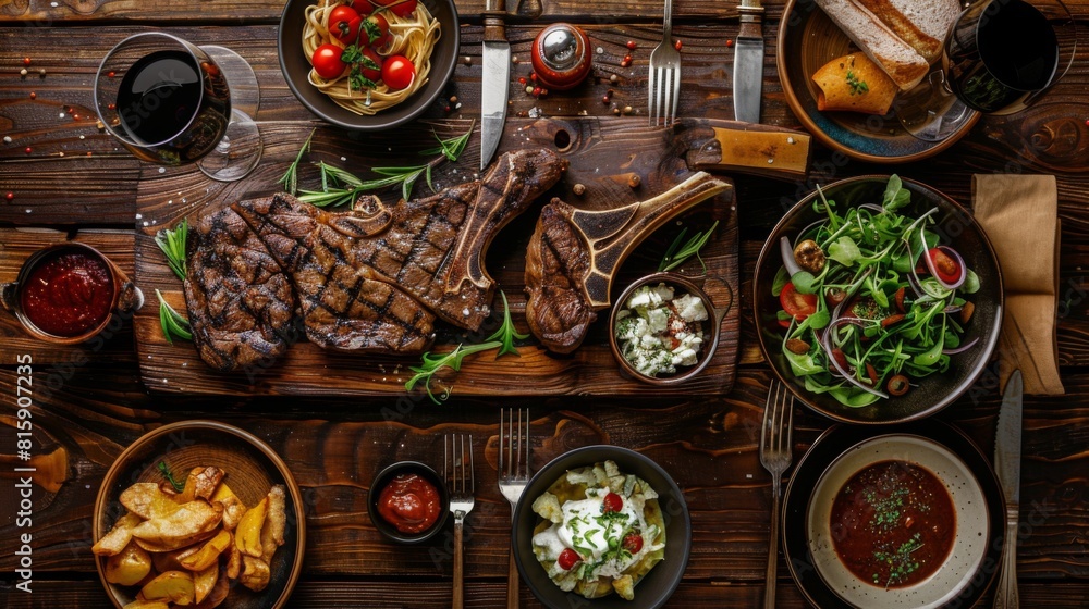 A rustic wooden table set with a mouthwatering steak dinner, complete with sides and sauces for a hearty meal. A rustic wooden table set with a mouthwatering steak dinner, complete with sides and sauces for a hearty meal.