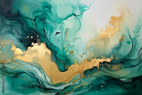 Abstract watercolor atmospheric background in emerald and gold colors. Smooth blurred watercolor pattern with waves and color transitions