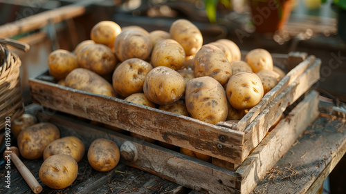 A wooden crate filled with freshly harvested potatoes. © SashaMagic